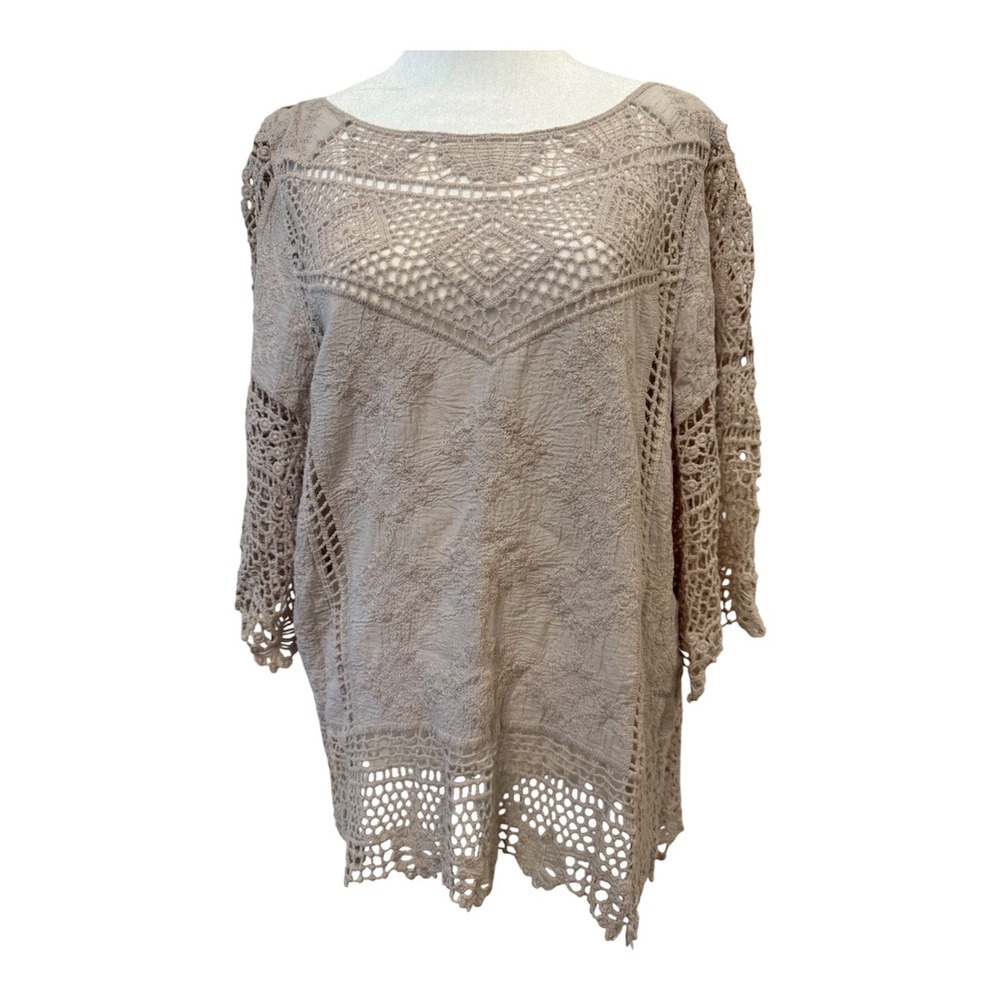 Fever Womens Boho Crochet‎ Embroidered Top Beige Short Sleeve Medium
